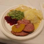 Dinner was great. Clockwise form the top: turkey, mashed potatoes and gravy, ham baked in sourdough with a pineapple slice, cranberry sauce and green bean casserole.
